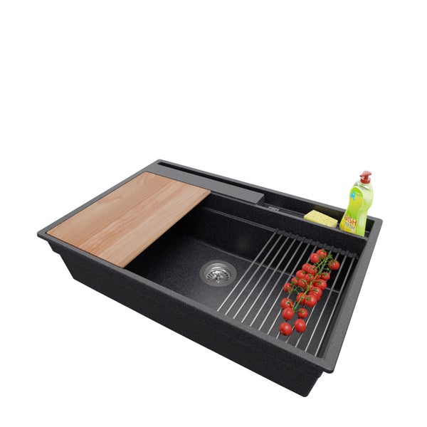 PRIMAGRAN Spülbecken Anthrazit 78x53cm, Granitspüle 1 Becken + Ablauf-Set + Küchenzubehörset, Küchenspüle ab 80er Unterschrank - Oslo Pocket