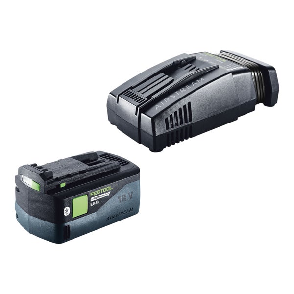 Festool Akkupack 18 Volt 5,0 Amperestunden mit Bluetooth und Airstream Technologie sowie ein Schnellladegerät.