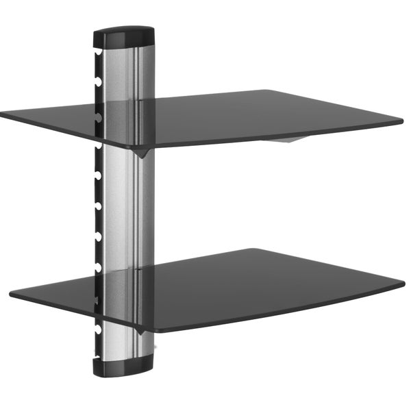 Wandregal mit zwei verstellbaren Ablagen aus schwarzem Glas und einer silbernen Metall-Profilschiene.