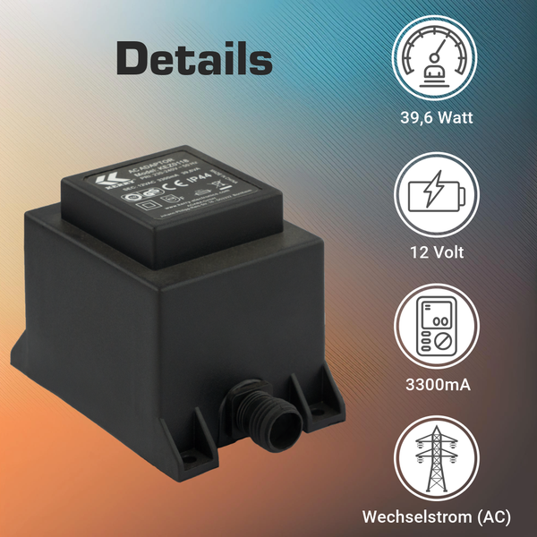 Produktdetails eines Wechselstrom-Transformators: 39,6 Watt, 12 Volt, 3300 Milliampere, Wechselstrombetrieb und Schutzart IP44.