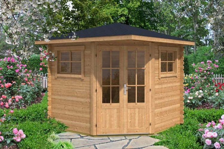 Alpholz 5-Eck Gartenhaus Sunny-B aus Massiv-holz Imprägniert (Pinie), Gerätehaus mit 28 mm Wandstärke, Garten Holzhaus inklusive Montagematerial, Geräteschuppen Größe: 250 x 250 cm, Spitzdach
