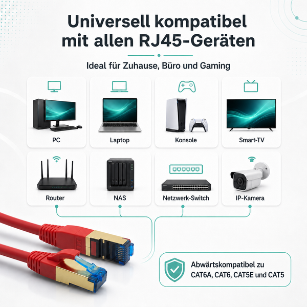 Übersichtliche Infografik eines Netzwerkkabels mit RJ45-Stecker, kompatibel mit Computer, Laptop, Spielkonsole, Fernseher, Router und Netzwerkspeicher.