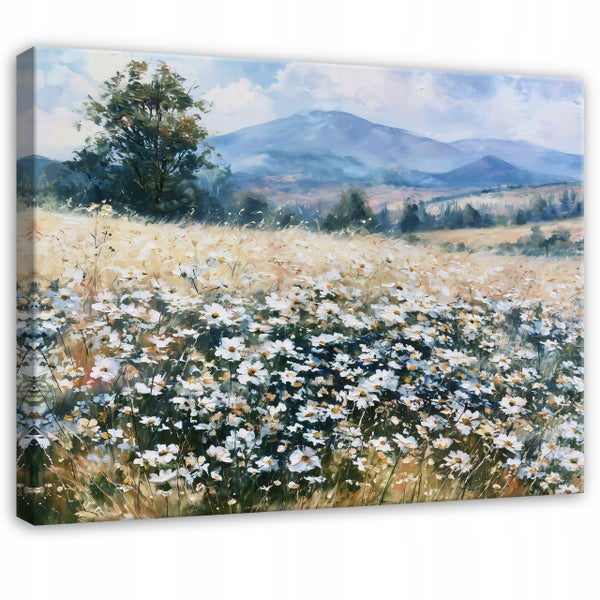Wandbild mit einer Malerei von einer Berglandschaft mit einer Blumenwiese im Vordergrund und einem Baum.