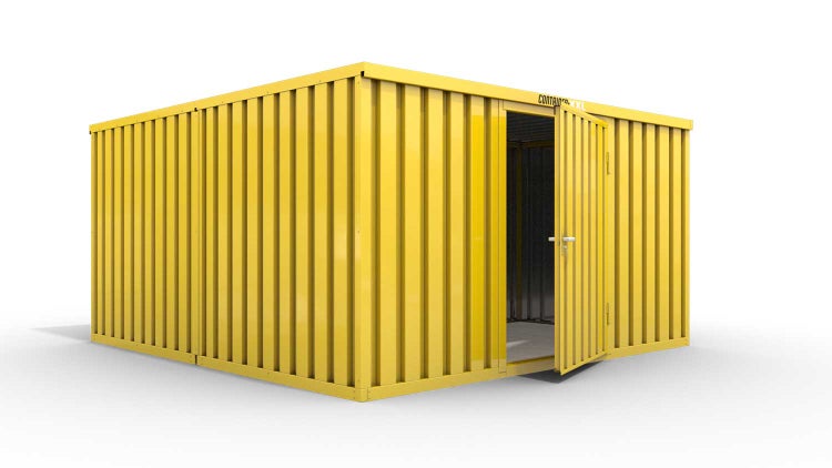 Lagercontainer Gerätehaus XL2  – 21 qm, H2150 x B5080 x T4340 mm, Außenwandlackierung RAL 1003 signalgelb, Dach außen verzinkt, mit Holzfußboden, 1270 mm Einflügeltür mittig in Breitseite, montiert