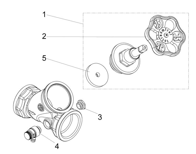 Explosionszeichnung eines Schrägsitzventils mit nummerierten Einzelteilen wie Handrad, Oberteil, Dichtung und Entleerungsventil.