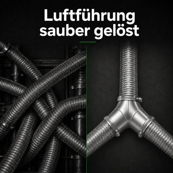 Vergleich von ungeordneten Flexrohren und einer sauberen Lüftungsinstallation mit Y-Verteiler und Schlauchschellen aus Aluminium.