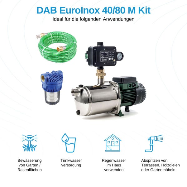 DAB EuroInox 40/80 M + Control-D + Schlauch 7 m - Hauswasserwerk - 7.200 L/Std. - 1480W - Förderhöhe 59 m - Rostfreier Stahl - Komplettes Startpaket