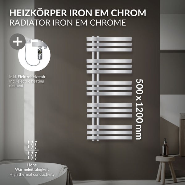 LuxeBath Elektrischer Badheizkörper Iron EM 500x1200 mm Chrom mit Heizstab 1200W Thermostat Digitalanzeige, Handtuchheizkörper mit Heizpatrone, Elektro Handtuchwärmer Paneelheizkörper Designheizkörper