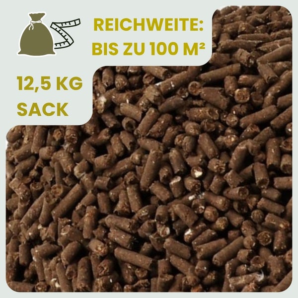 Nahaufnahme von Düngerpellets; Reichweite bis zu 100 Quadratmeter; 12,5 Kilogramm Sack