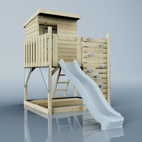 Kletterturm aus Naturholz mit Spielhaus, Rutsche, Kletterwand, Leiter und Sandkasten.