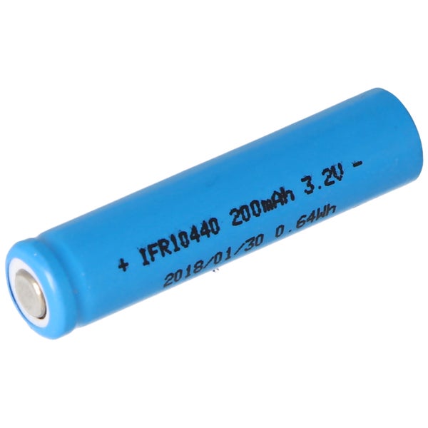 Wiederaufladbare Batterie IFR10440 mit 200 Milliamperestunden und 3,2 Volt.