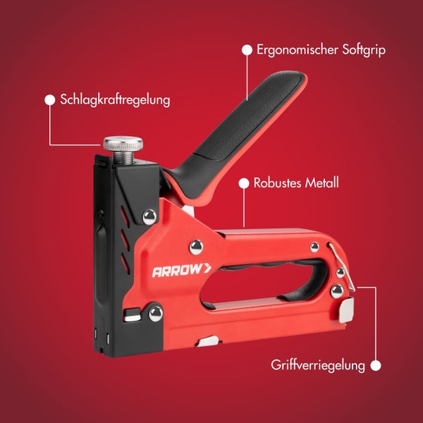 Arrow Handtacker aus robustem Metall mit ergonomischem Softgrip, Schlagkraftregelung und Griffverriegelung.