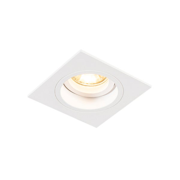 Quadratischer Einbaustrahler in Weiß mit rundem Lichtauslass und warmweißem Licht.
