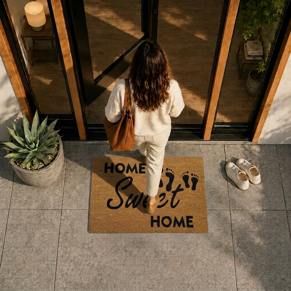 Helle, organisierte Eingangsszene mit einer Fußmatte mit der Aufschrift Home Sweet Home und Fußabdrucksymbolen vor einer gläsernen Tür auf einer Terrasse.