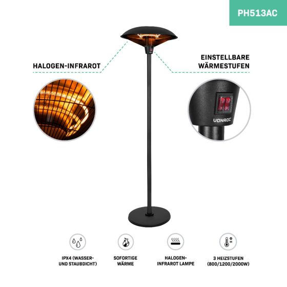Schwarzer Infrarot Standheizstrahler für die Terrasse mit Halogen Heizelement, drei Wärmestufen, IPX4 Schutz und Vonroc Logo.
