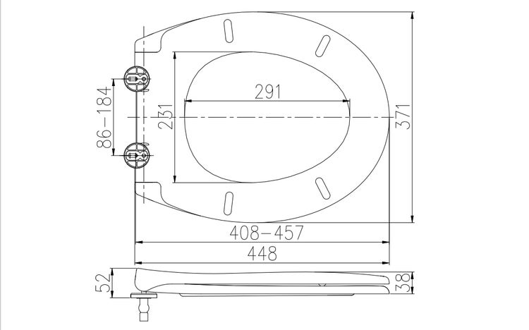 Technische Zeichnung eines WC-Sitzes mit Maßen