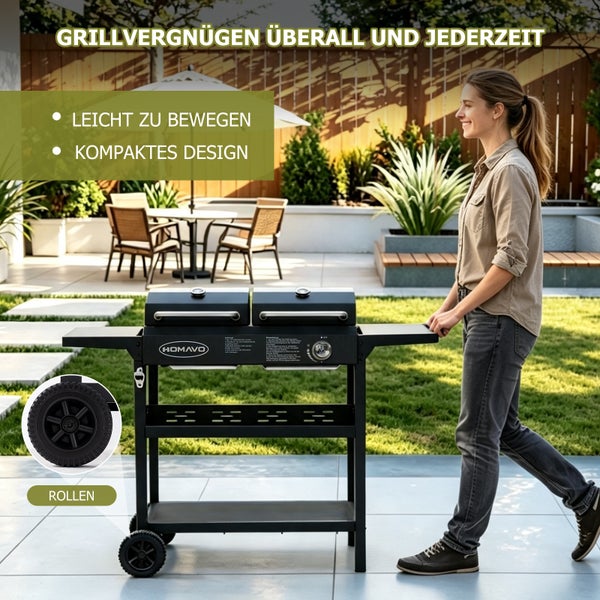 Eine Frau schiebt einen kompakten Gasgrill mit HOMAVO Logo und Rollen auf einer hellen, organisierten Gartenterrasse. Der Grill hat zwei Deckel.