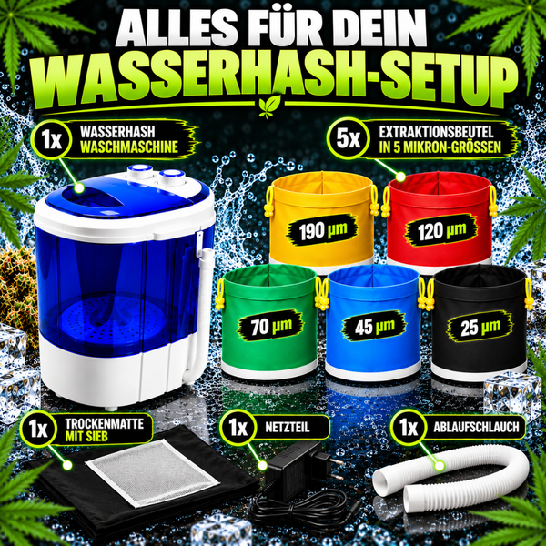 Set für die Herstellung von Wasserhash mit Waschmaschine, fünf Extraktionsbeuteln in verschiedenen Mikrongrößen, Trockenmatte und Zubehör.