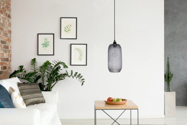 Retro Hängelampe aus Glas schmal, Vintage Pendelleuchte Grau 27 cm | Wohnzimmer Esszimmer Leuchte