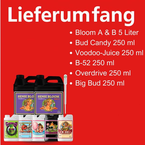 Lieferumfang Advanced Nutrients Set mit Sensi Bloom A und B 5 Liter, Bud Candy, Voodoo Juice, B-52, Overdrive und Big Bud 250 Milliliter.