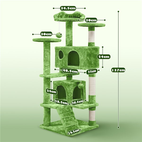 Katzenkratzbaum mit mehreren Ebenen, Kratzstämmen, Höhlen und Spielzeugen mit Maßangaben.