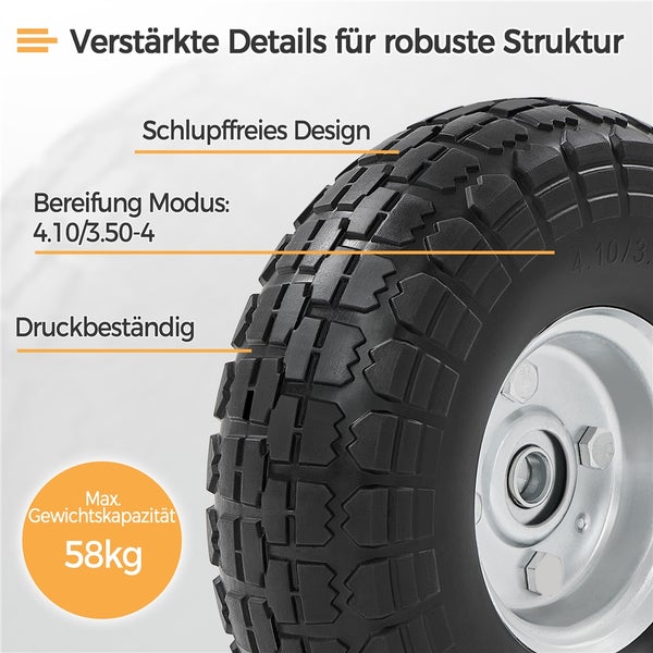 Detailansicht eines schwarzen Reifens mit silberner Felge, Reifengröße 4.10/3.50-4, maximale Gewichtskapazität 58 kg.