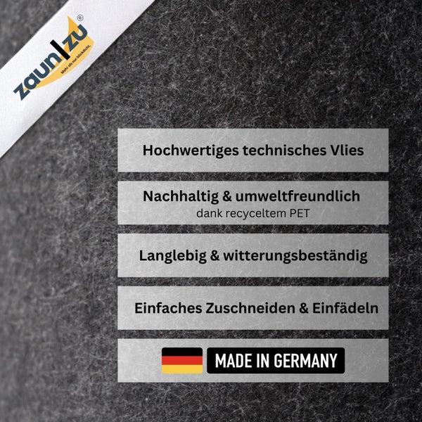 Zaun zu Logo, hochwertiges technisches Vlies, nachhaltig und umweltfreundlich dank recyceltem PET, langlebig und witterungsbeständig, einfaches Zuschneiden und Einfädeln, hergestellt in Deutschland