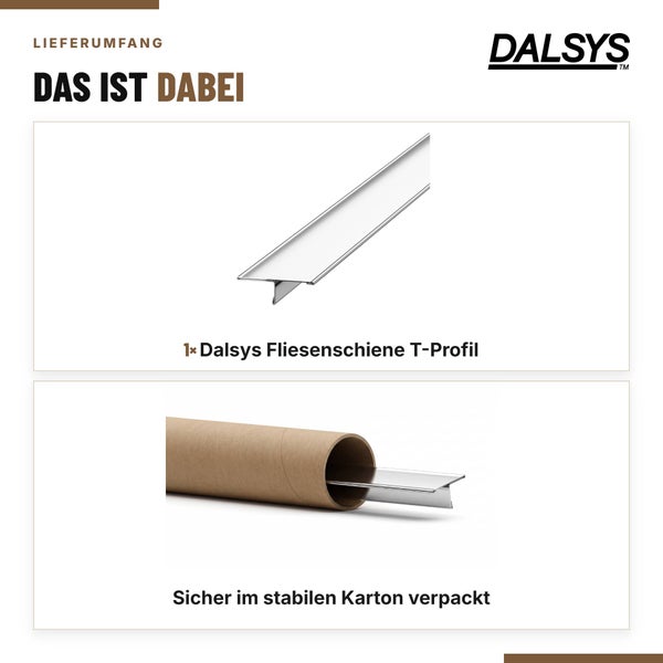 Dalsys Fliesenschiene T-Profil aus Metall in stabiler Kartonverpackung für sicheren Transport.