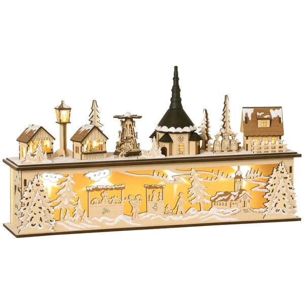 Beleuchtete Weihnachtsdekoration aus Holz mit verschneiter Dorfszene, Kirche, Häusern und Weihnachtspyramide auf einem beleuchteten Sockel.