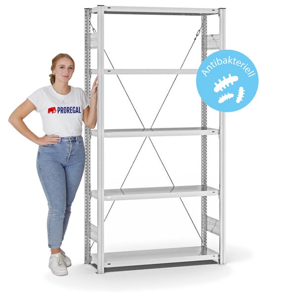 PROREGAL Antibakterielles Fachbodenregal Stecksystem T-Profil HxBxT 200 x 100 x 30 cm 5 Ebenen Traglast 150 kg Antibakterielle Beschichtung Weiß