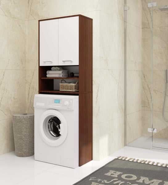 Waschküche mit Waschmaschine und passendem Badschrank mit Stauraum