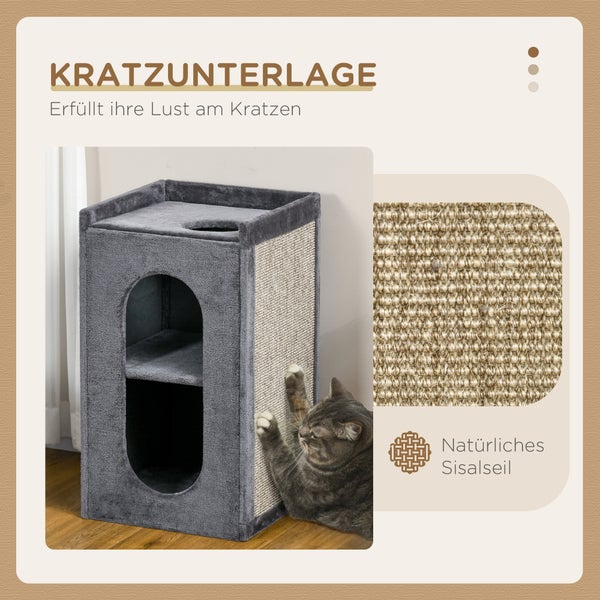PawHut Kratztonne, Höhe 81 cm, Katzenkratzbaum mit 2 Höhlen, Kratzturm mit Kratzbrett, Katzenturm mit 2 Ebenen, Katzentonne für Katzen bis 6 kg, Dunkelgrau