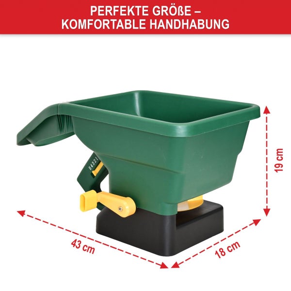 Handstreuer aus Kunststoff mit Kurbel, Abmessungen 43 Zentimeter Länge, 18 Zentimeter Breite und 19 Zentimeter Höhe.