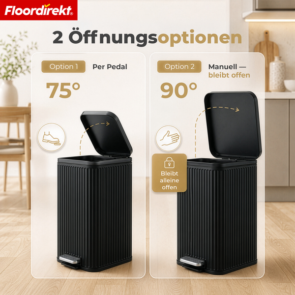 Schwarzer Treteimer mit Rillenstruktur, zwei Öffnungsoptionen: 75 Grad per Pedal oder 90 Grad manuell mit Feststellfunktion. Floordirekt Logo.