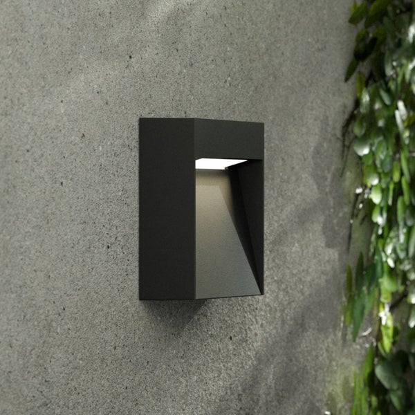 Moderne anthrazitfarbene LED-Außenwandleuchte an einer grauen Betonwand mit nach unten gerichtetem Lichtkegel neben grünen Pflanzen.