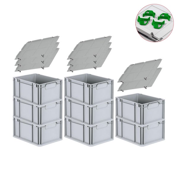 PROREGAL Spar Set 8x Eurobox Nextgen Economy Mit Auflagedeckel & 4x Schiebeschnappverschlüsse Grün Griffe Geschlossen HxBxT 22 x 30 x 40 cm 20 Liter
