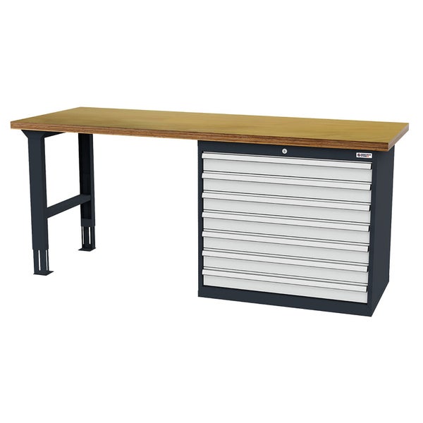 Werkbank mit Holzarbeitsplatte, linkem Metallgestell und rechtem Schubladenschrank mit neun Schubladen.