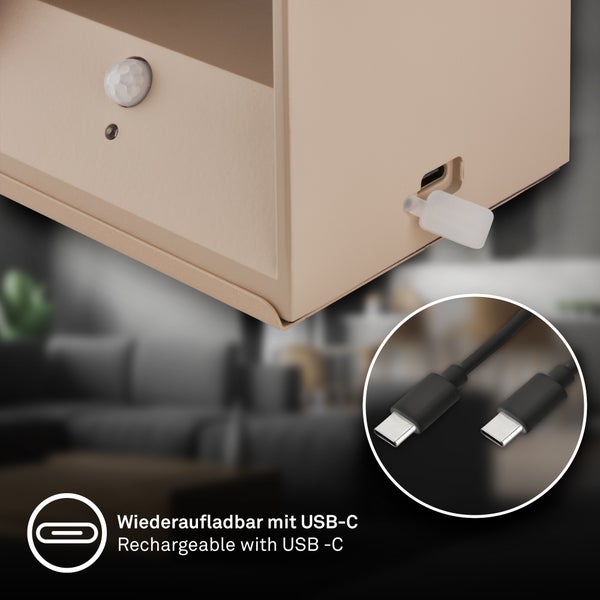 Wiederaufladbare Leuchte mit USB-C Anschluss, Schutzabdeckung und Bewegungssensor inklusive USB-C Ladekabel.
