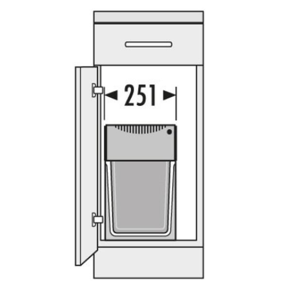 Einbaueimer im Küchenschrank mit der Maßangabe 251 Millimeter