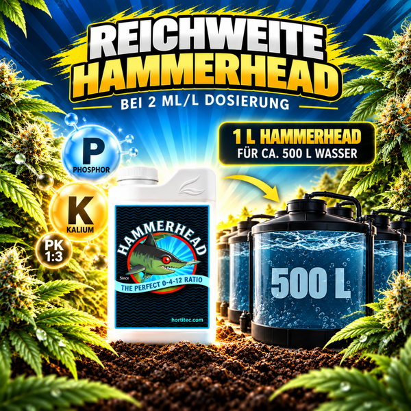 Hammerhead Pflanzendünger 1 Liter Flasche mit Angaben zu Inhaltsstoffen Phosphor und Kalium sowie zur Ergiebigkeit von 500 Litern Wasser.