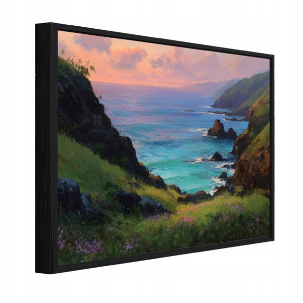Wandbild mit Landschaftsmotiv von felsiger Küste bei Sonnenuntergang in einem schwarzen Rahmen.