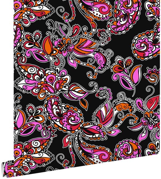 ESTAhome Tapete funky Blumen und Paisleys Schwarz und Rot - 53 cm x 10.05 m - 136842