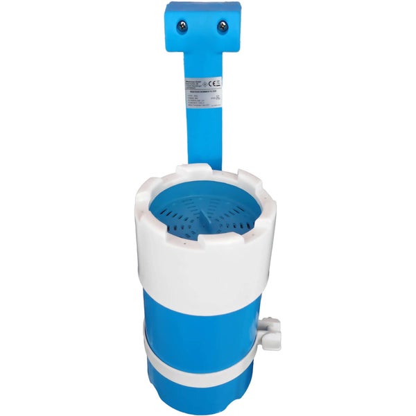 Einhängeskimmer für Swimmingpools aus Kunststoff in Blau und Weiß mit integriertem Befestigungsarm.