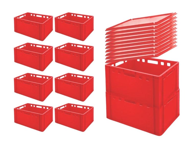PROREGAL SparSet 10x Eurobehälter Fleischerkasten E3 mit Auflagedeckel HxBxT 30 x 40 x 60 cm 59 Liter Rot Fleischerkiste Fleischkiste Metzgerkiste