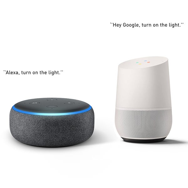 Amazon Echo Dot und Google Home Smart Speaker mit Beispielen für Sprachbefehle zur Lichtsteuerung.