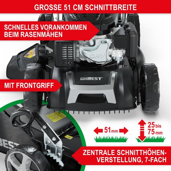 Benzin Rasenmäher Onbest mit 51 Zentimeter Schnittbreite, Frontgriff und siebenfacher Schnitthöhenverstellung von 25 bis 75 Millimeter.