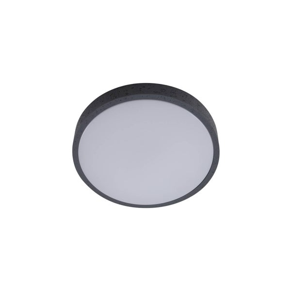 Runde LED-Deckenleuchte mit dunkelgrauem Rahmen in Steinoptik und weißer Abdeckung.