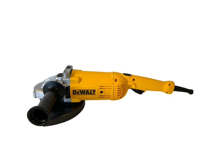 Gelber DeWalt Winkelschleifer mit schwarzem Zusatzhandgriff und Schutzhaube.