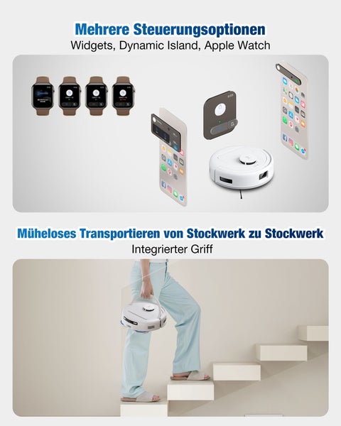 Mehrere Steuerungsmöglichkeiten für einen Saugroboter mit Widgets, Dynamic Island und Apple Watch, müheloser Transport dank integriertem Griff