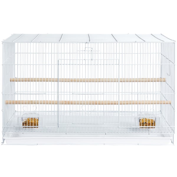 Weißer Vogelkäfig mit zwei Holzstangen und Futterbehältern